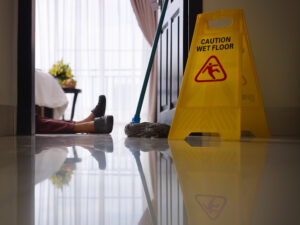 Maid slipped on wet floor and laying down